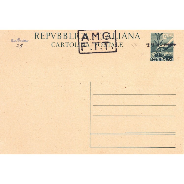 TRIESTE A 1947 (Democratica) Cartolina Postale £ 12 Verde (C3B) soprast. capov.