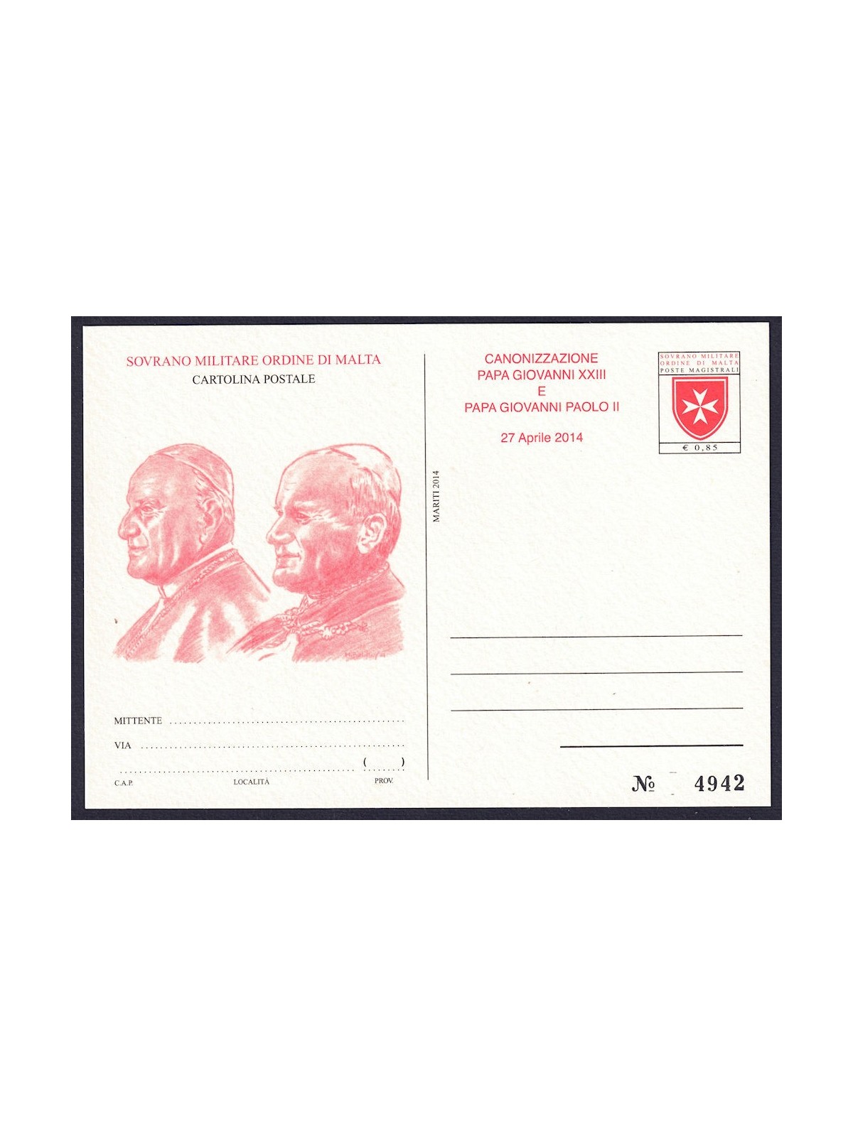 SMOM 2014 Canonizzazione Papi, Cartolina Postale nuova