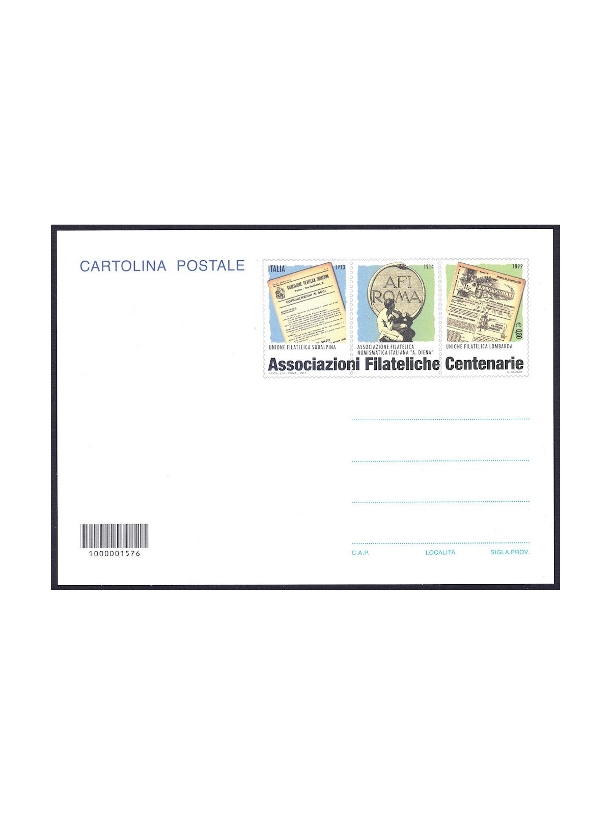 ITALY 2014 Centenary Philatelic Associations, New Postcard