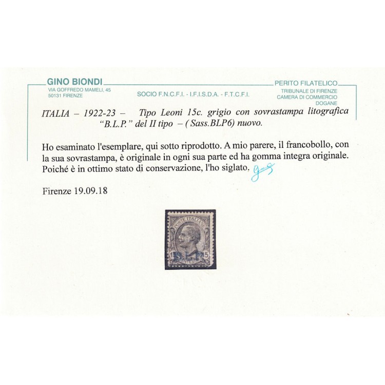 ITALIA REGNO 1922-23 BLP 15c grigio MNH** ©