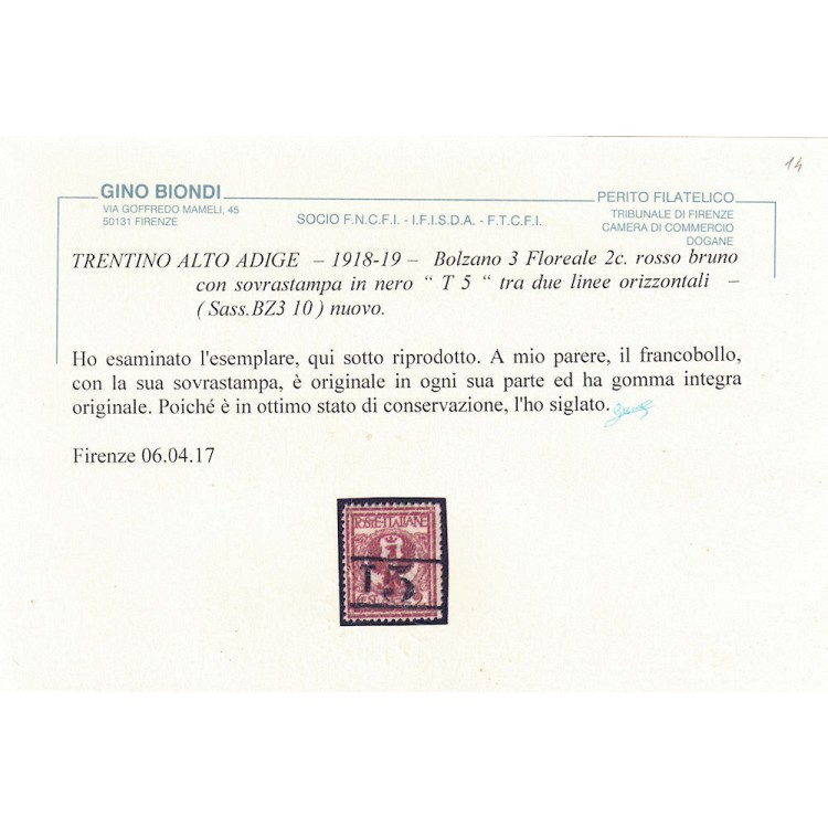 TRENTINO (BZ3) 1918-19 Floreale 2c rosso bruno (T con cifra orizzontale) MNH** ©