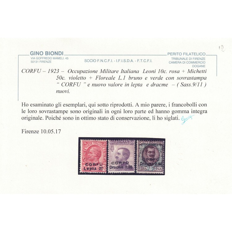 CORFU' (OCC. ITALIANA) 1923 Soprastampati in moneta greca 3v MNH