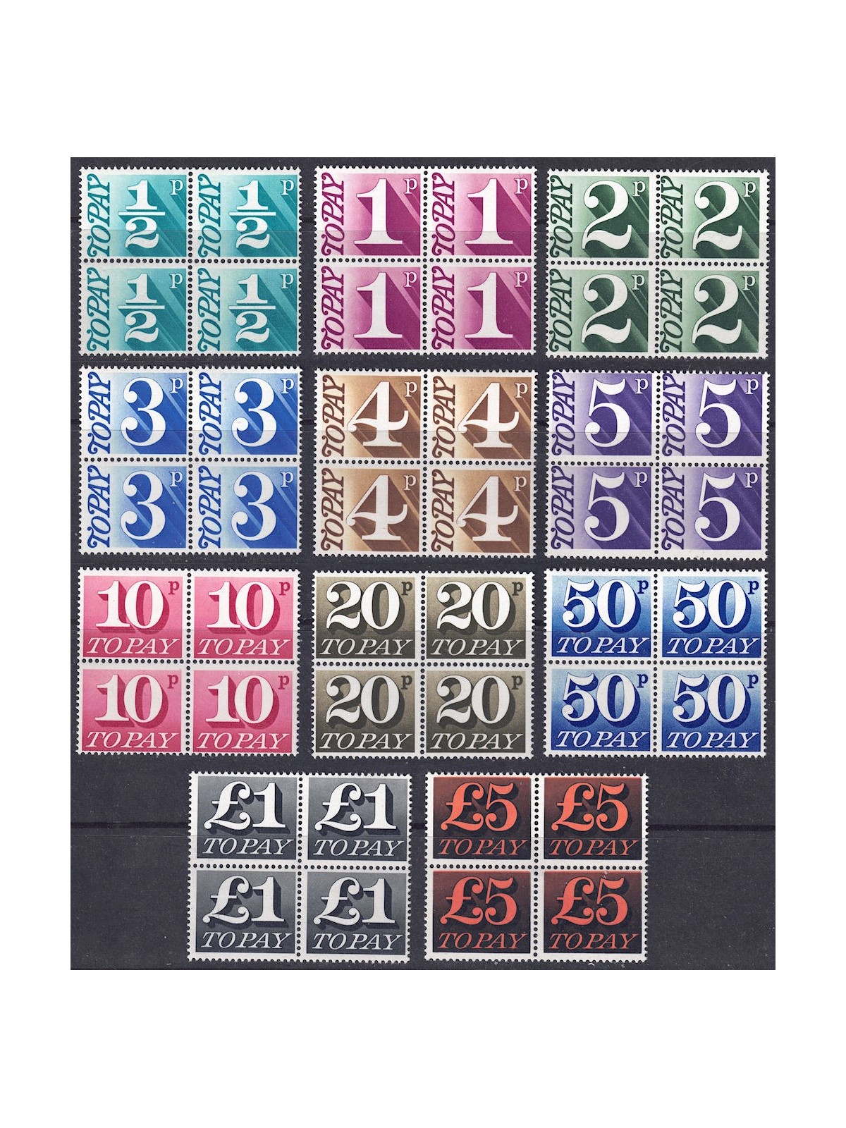GREAT BRITAIN 1970-73 Postage due 11v in block of four MNH**