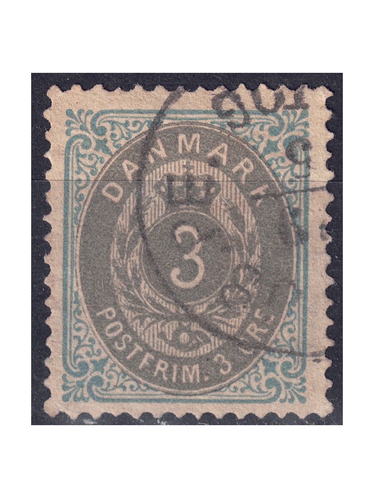 DANIMARCA 1875 Cifra e stemma (3ø azzurro e grigio) us