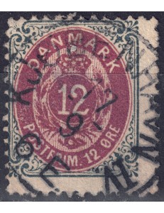 DANIMARCA 1875 Cifra e stemma (12ø grigio e rosso) us