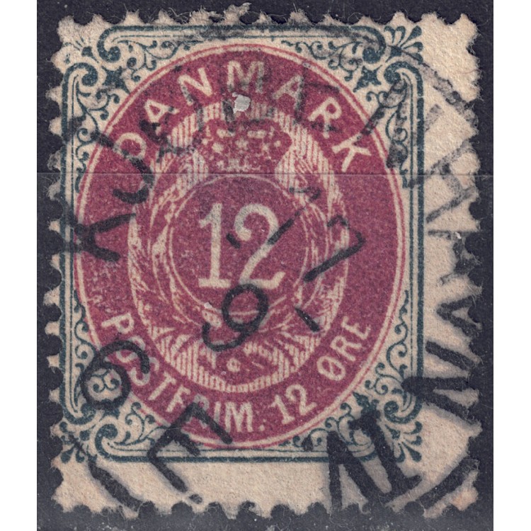DANIMARCA 1875 Cifra e stemma (12ø grigio e rosso) us
