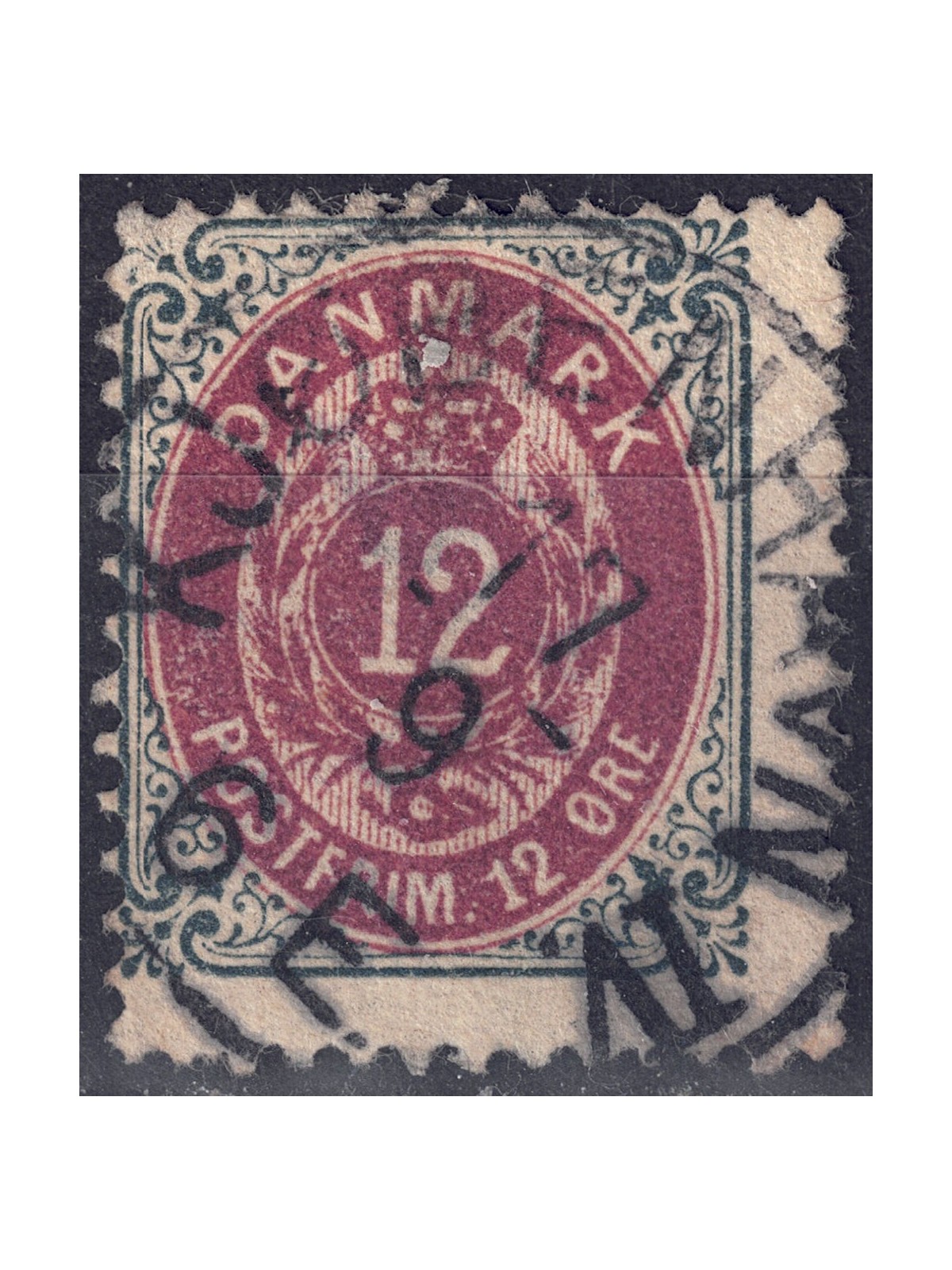 DENMARK 1875 Cipher and coat of arms (12ø grey and red) us