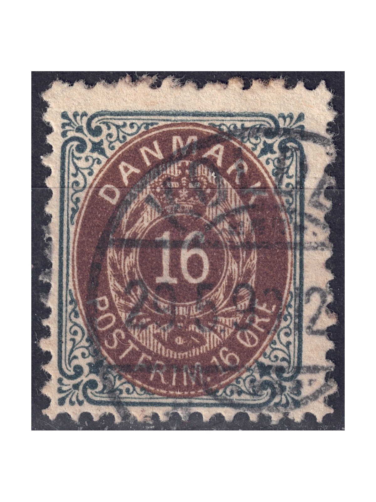 DANIMARCA 1875 Cifra e stemma (16ø grigio e bruno) us