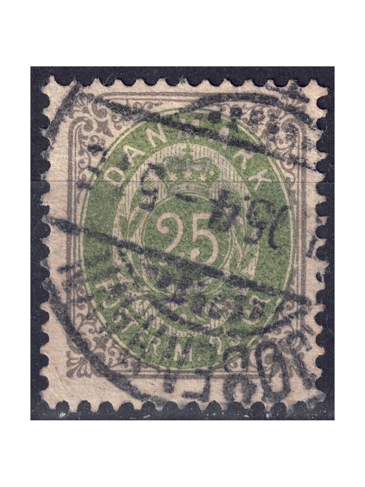 DANIMARCA 1875 Cifra e stemma (25ø grigio e verde) us