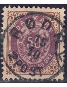 DANIMARCA 1875 Cifra e stemma (50ø bistro e viola) us
