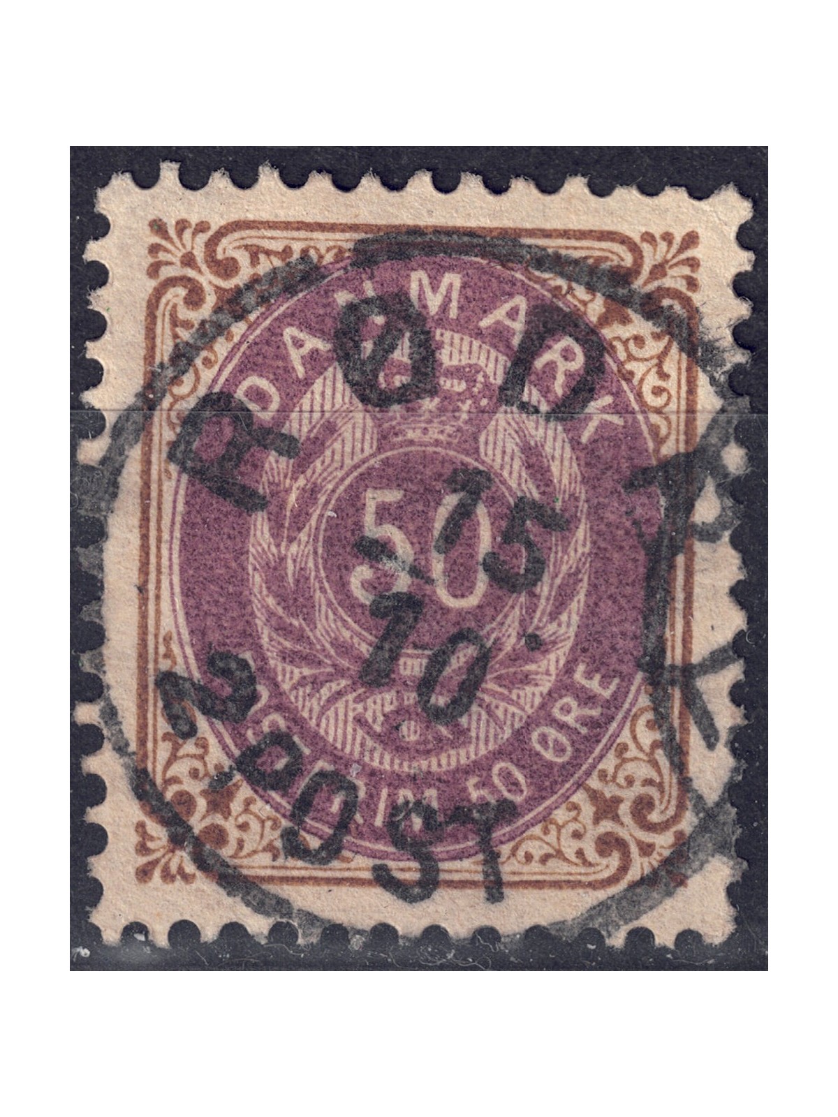 DANIMARCA 1875 Cifra e stemma (50ø bistro e viola) us