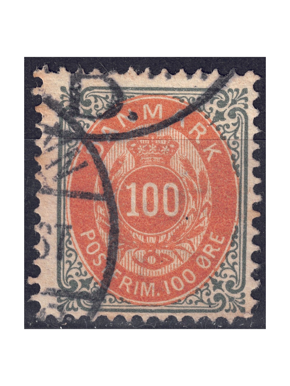 DENMARK 1875 Cipher and coat of arms (100ø grey and ochre) us