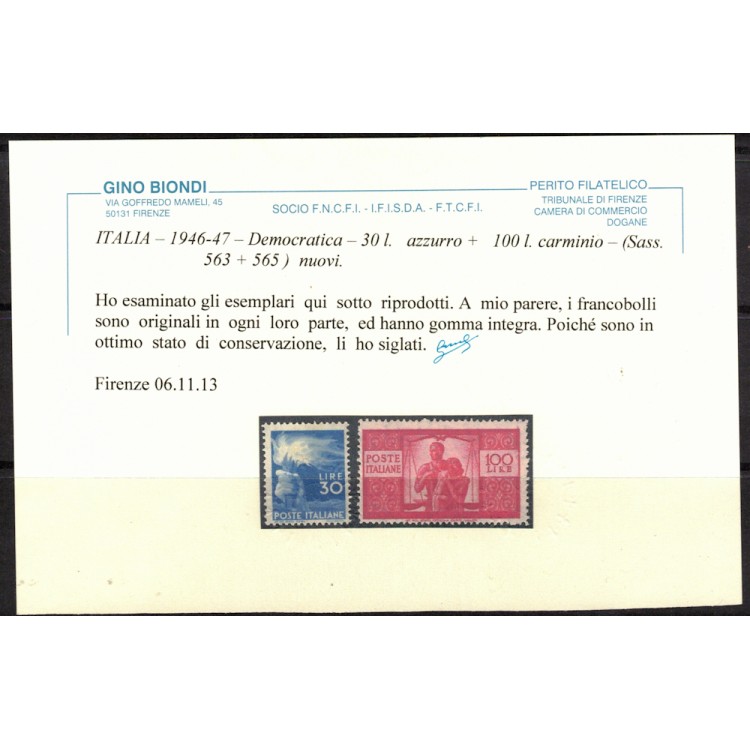 ITALY 1945-46 30£ + 100£ Democratica 2v MNH** ©