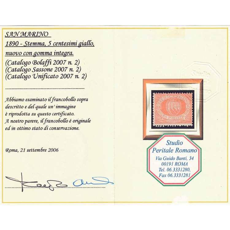 SAN MARINO 1877-90 5c arancio MNH** ©