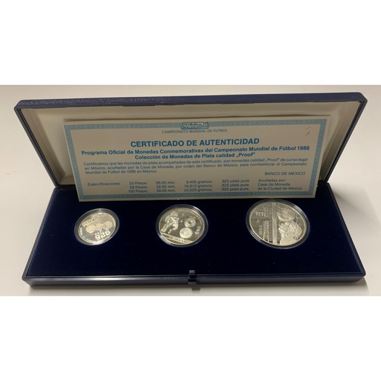 MESSICO 1986 Set Di 3 Monete in argento Campionato Calcio (2° serie)