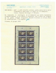 SAN MARINO 1947 Varietà Francobollo Usa (dimensioni maggiori) BF MNH** ©