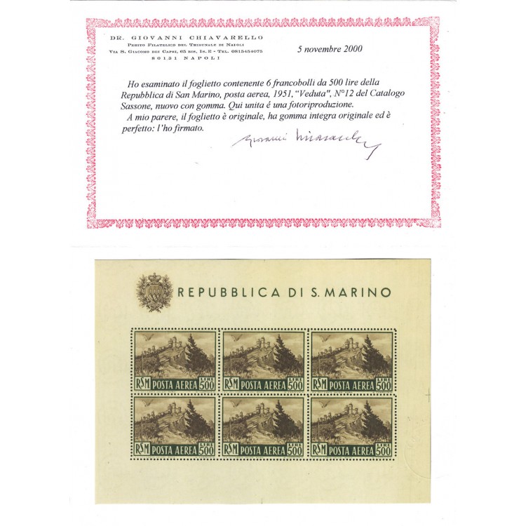 SAN MARINO 1951 Veduta (posta aerea) BF MNH** ©