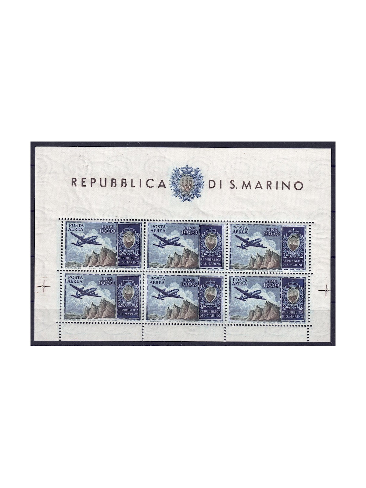 SAN MARINO 1954 Aereo e stemma (posta aerea) BF MNH** ©