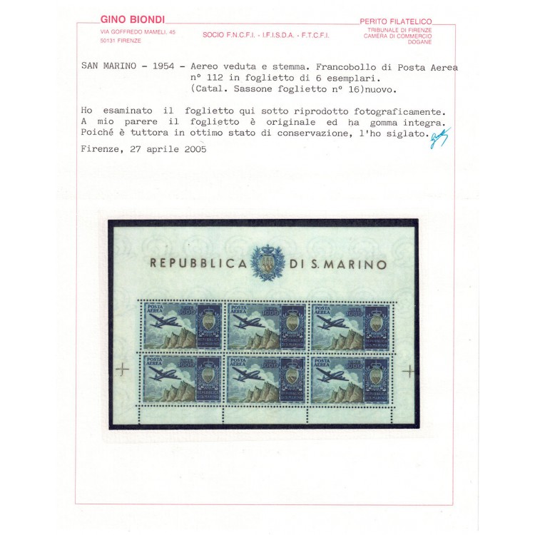 SAN MARINO 1954 Aereo e stemma (posta aerea) BF MNH** ©