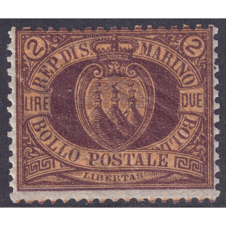 SAN MARINO 1892-94 2£ bruno su carminio MNH**