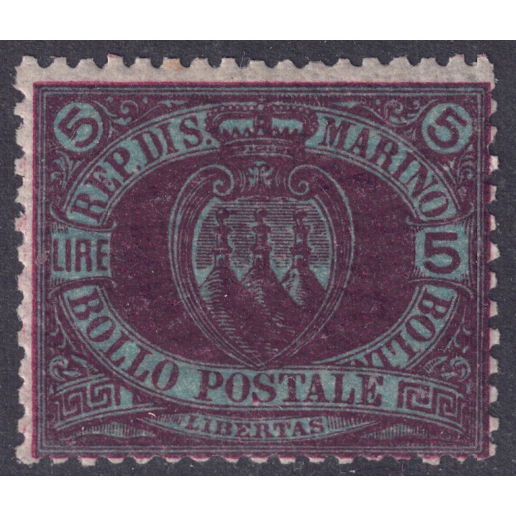 SAN MARINO 1892-94 5£ carmine on blue green MNH**
