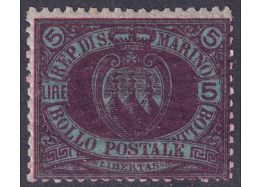 SAN MARINO 1892-94 5£ carmine on blue green MNH**