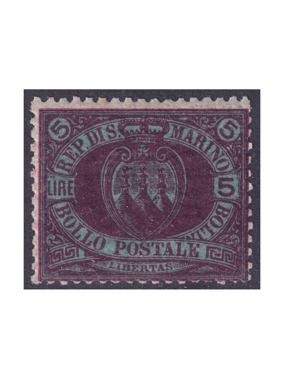 SAN MARINO 1892-94 5£ carmine on blue green MNH**
