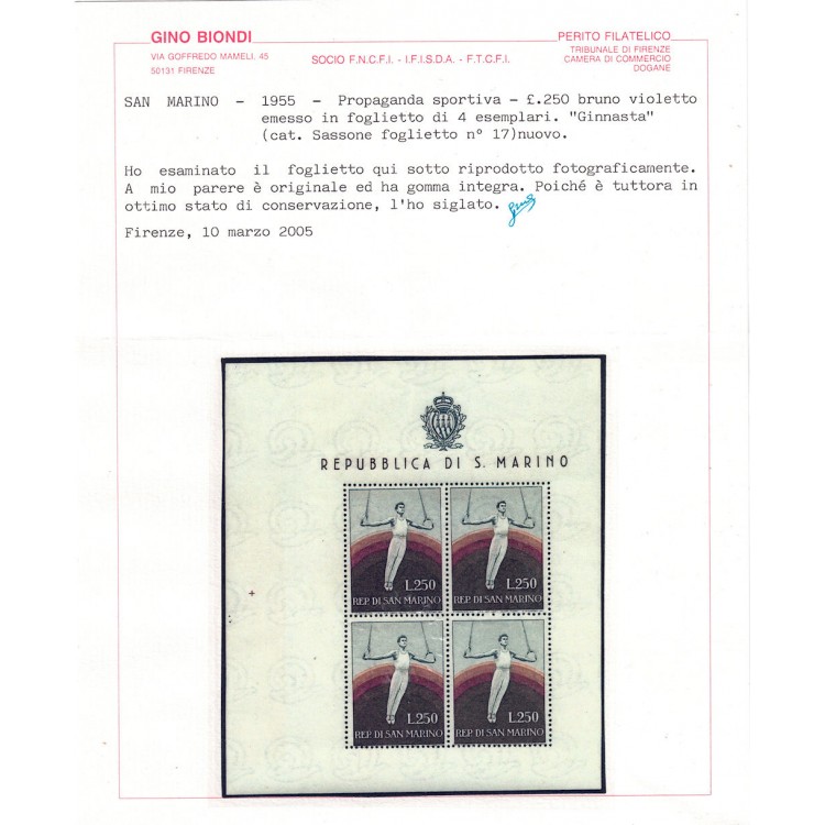 SAN MARINO 1954 Varietà ginnasta (17b) BF MNH** ©