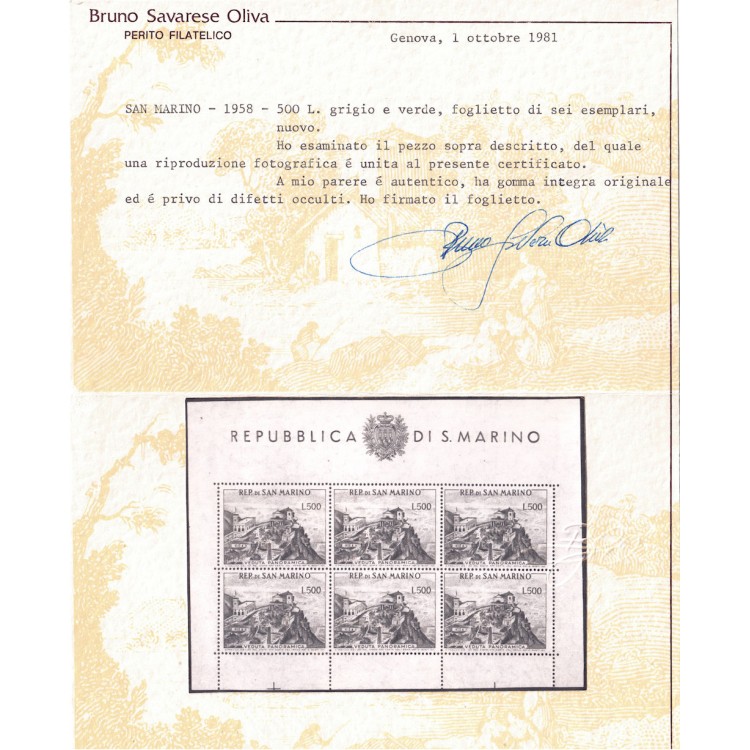 SAN MARINO 1958 Veduta di San Marino BF MNH**