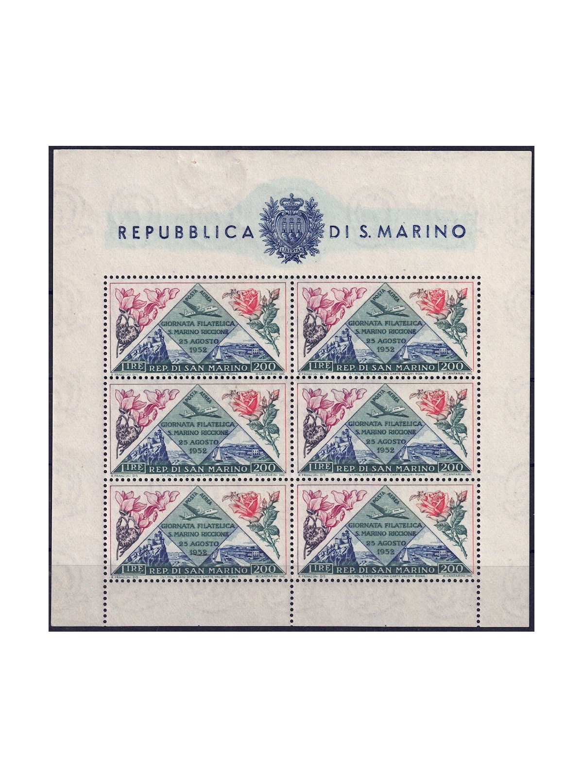 SAN MARINO 1952 Philatelic Day (Airmail) s/s MNH** ©