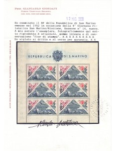 SAN MARINO 1952 Giornata filatelica (posta aerea) BF MNH** ©
