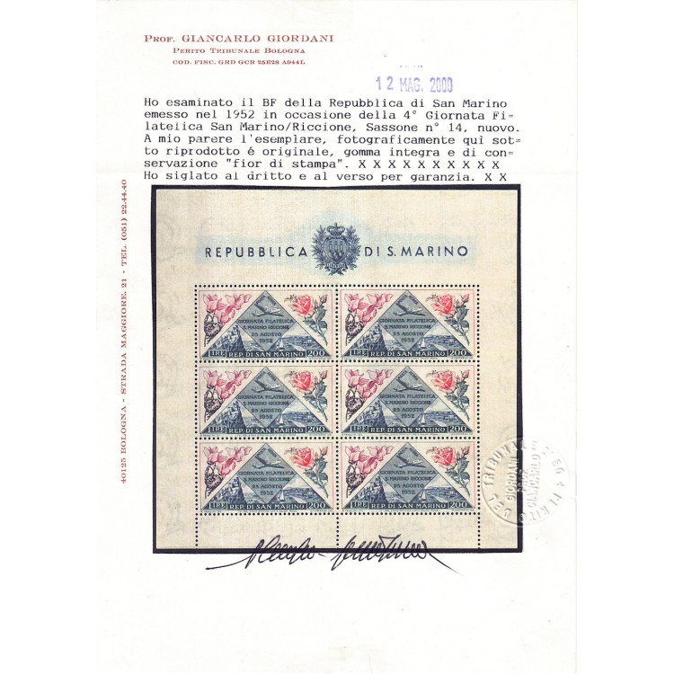 SAN MARINO 1952 Giornata filatelica (posta aerea) BF MNH** ©