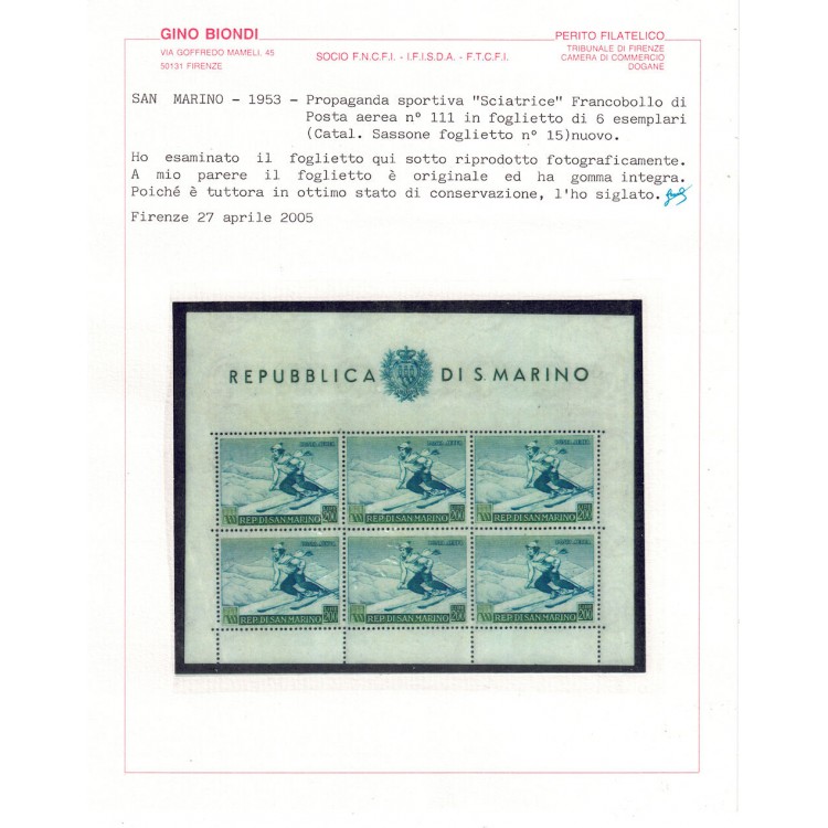 SAN MARINO 1953 Sport, sciatrice BF MNH