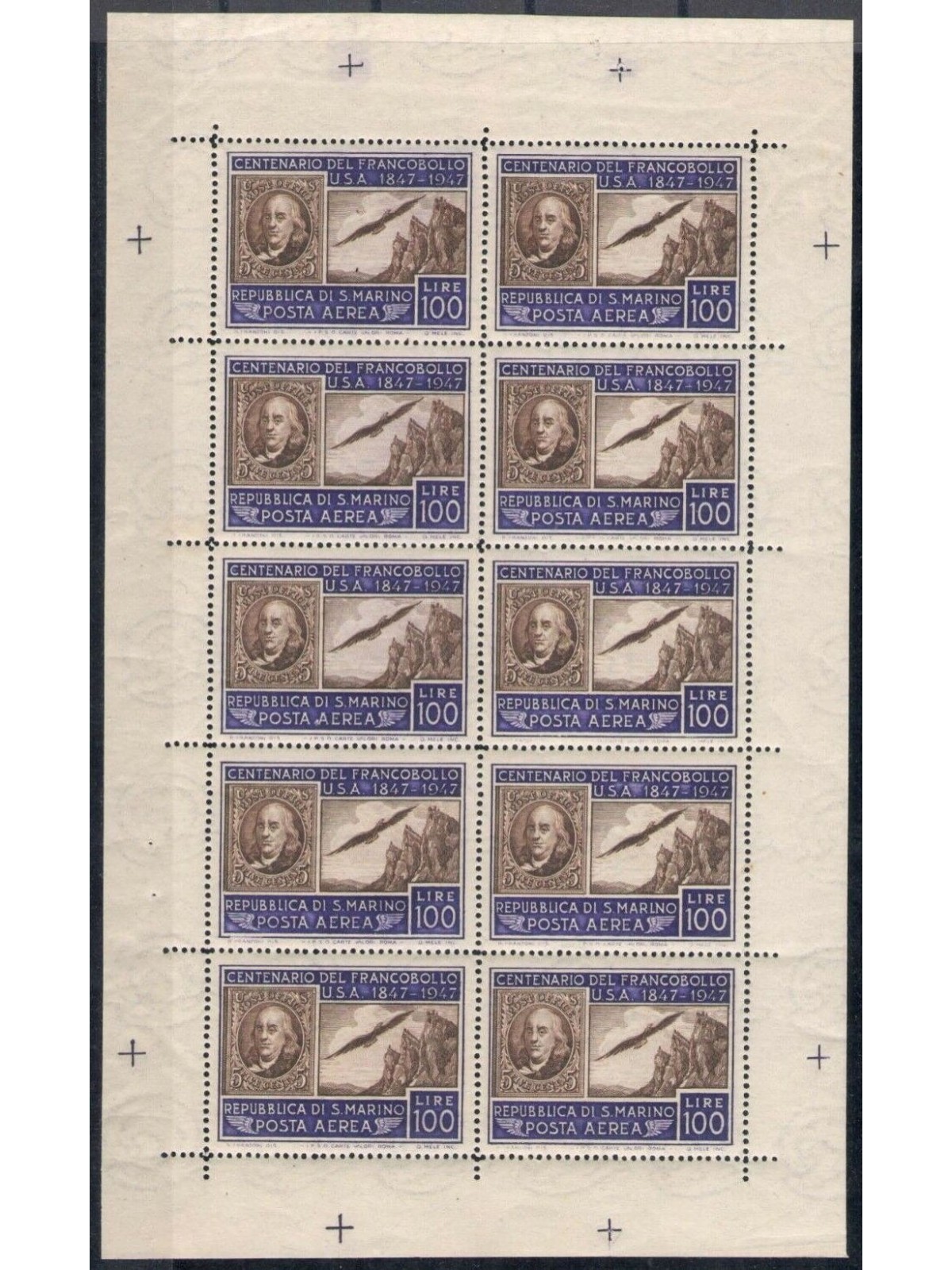 SAN MARINO 1947 Centenary US stamp s/s MNH** ©