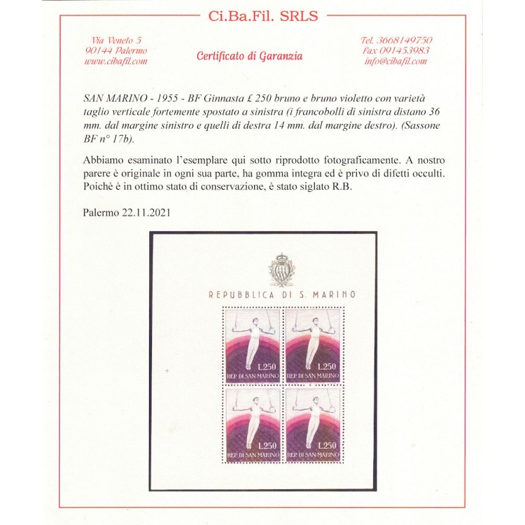SAN MARINO 1954 Varietà ginnasta (17b) BF MNH** ©