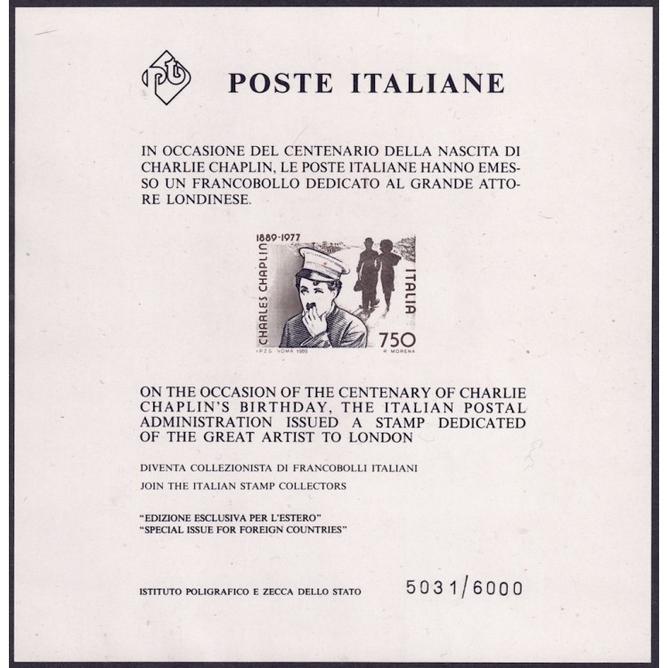 ITALY 1989 Charles Chaplin s/s MNH**