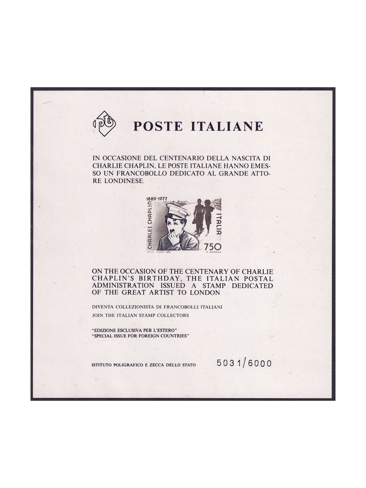 ITALY 1989 Charles Chaplin s/s MNH**