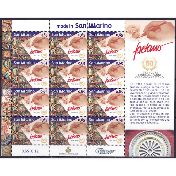 SAN MARINO 2012 Faetano Ceramics m/s MNH**