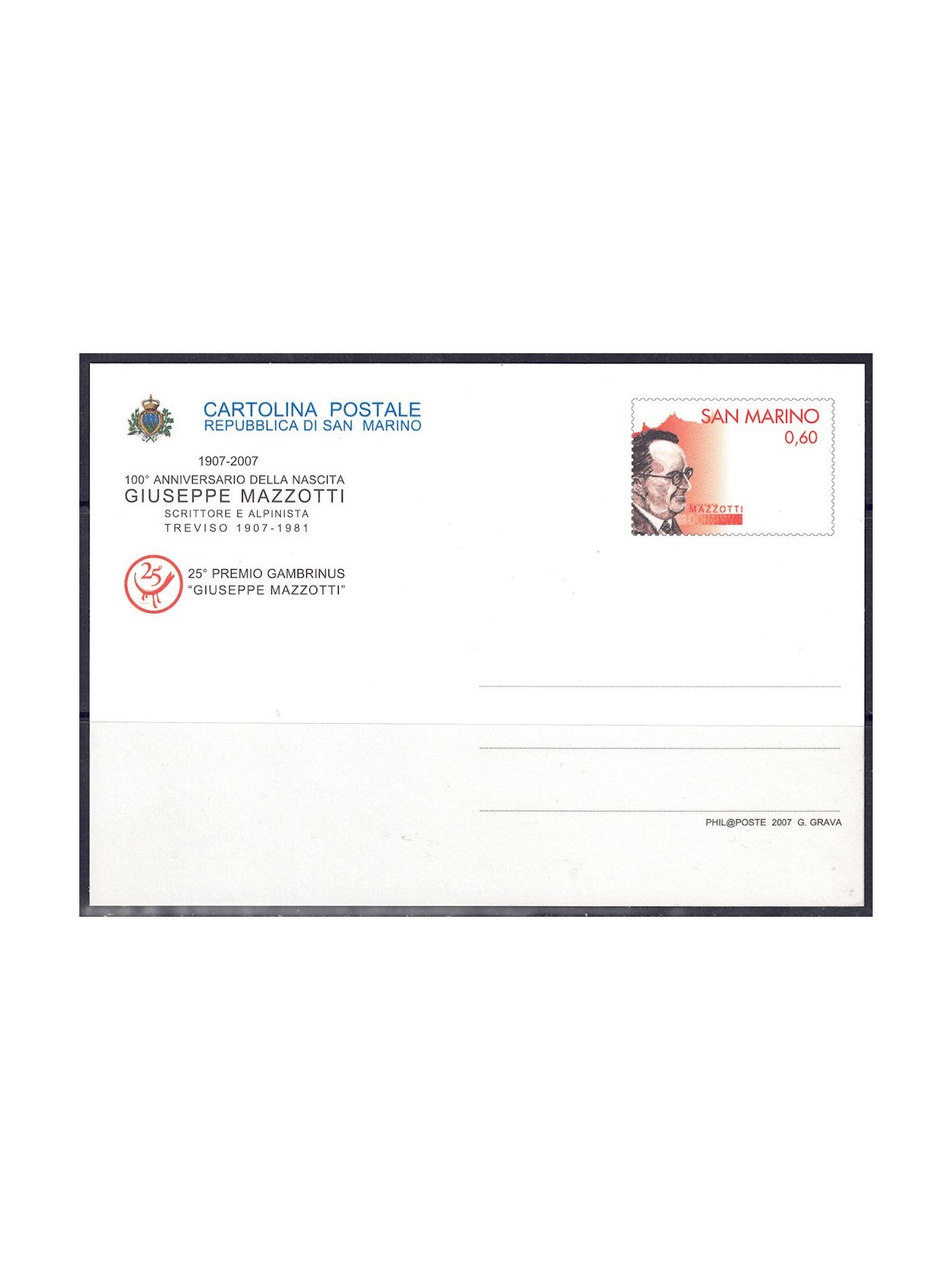 SAN MARINO 2007 Giuseppe Mazzotti, Cartolina Postale nuova
