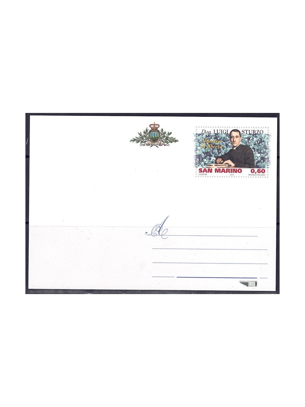 SAN MARINO 2010 Don Luigi Sturzo, Cartolina Postale nuova