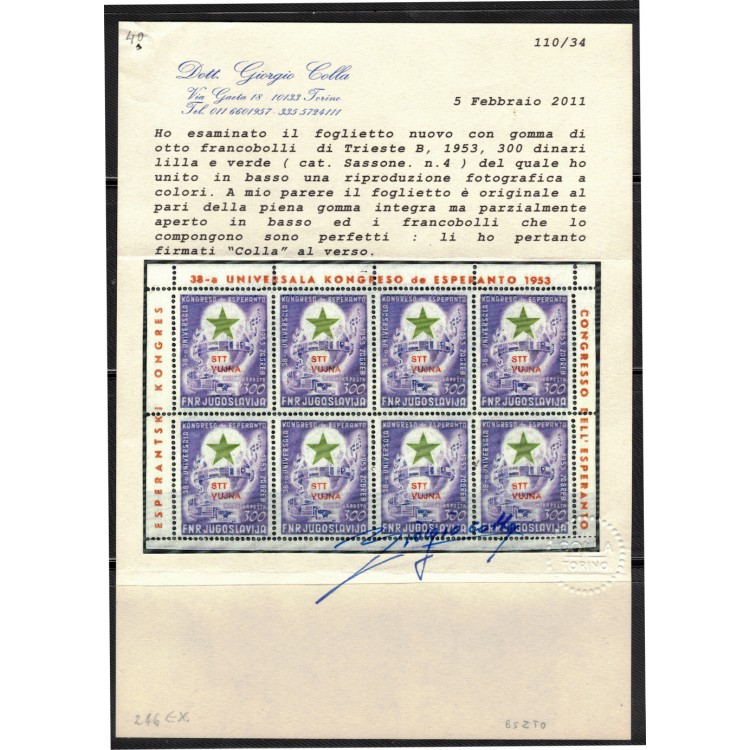 TRIESTE B 1953 Esperanto Congress Sheet MNH (Cert.)