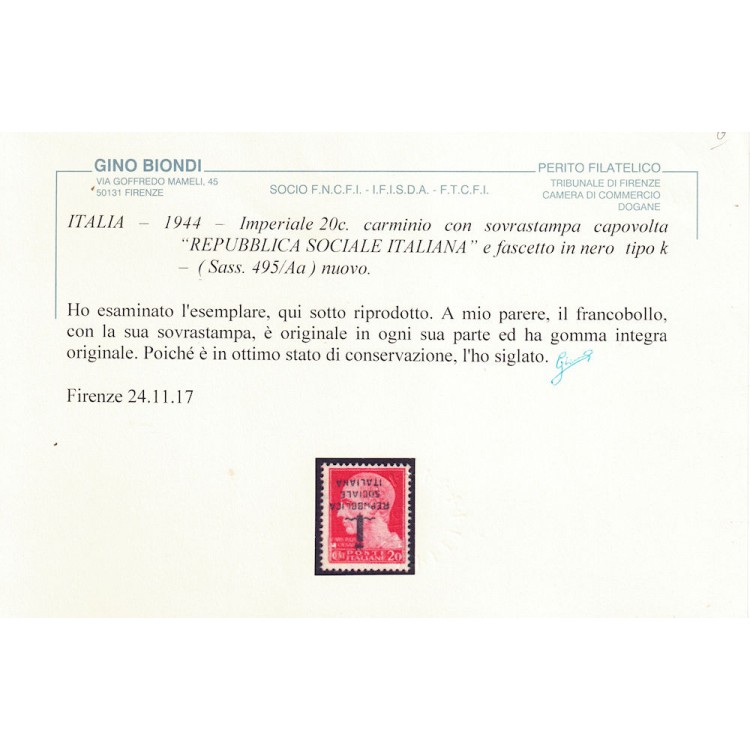 ITALIA RSI 1944 Varietà 20c Imperiale (soprastampa capovolta) MNH