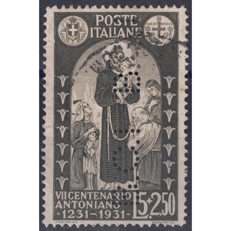 ITALIA REGNO 1931 S. Antonio £5 verde oliva us (perfin B.C.I.)