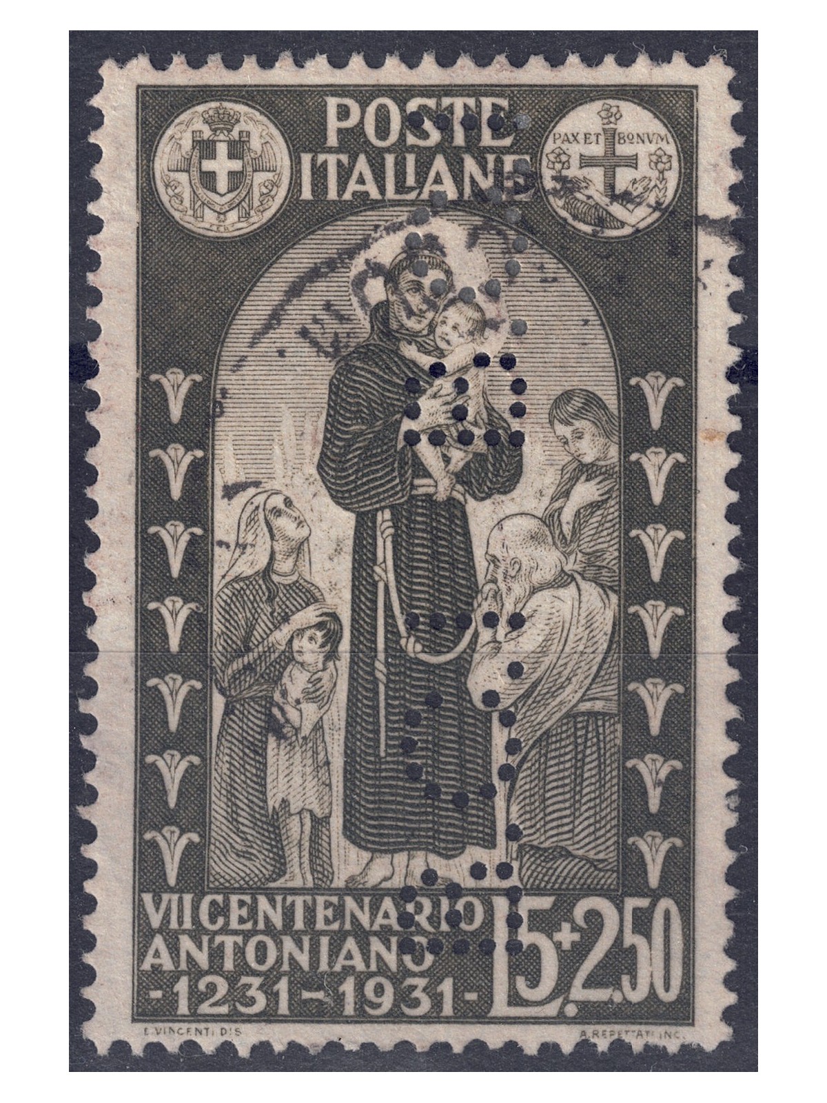 ITALY KINGDOM 1931 S. Antonio £5 olive green us (perfin BCI)