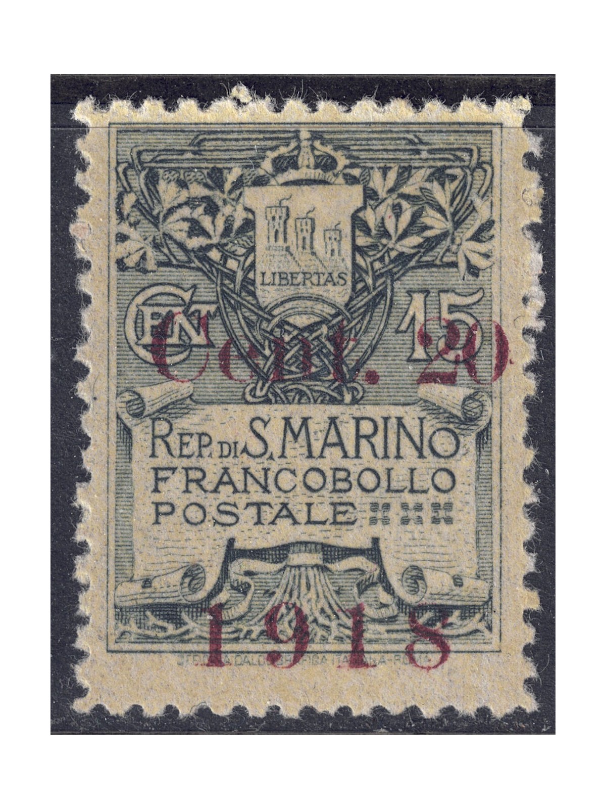 SAN MARINO 1918 20c on 15c slate MH*