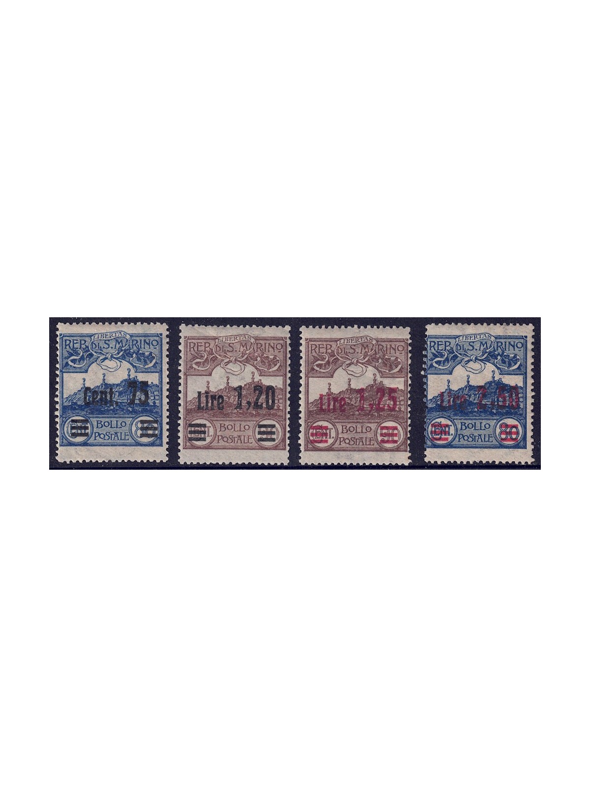 SAN MARINO 1926 Veduta di San Marino, soprastampati 4v MH*