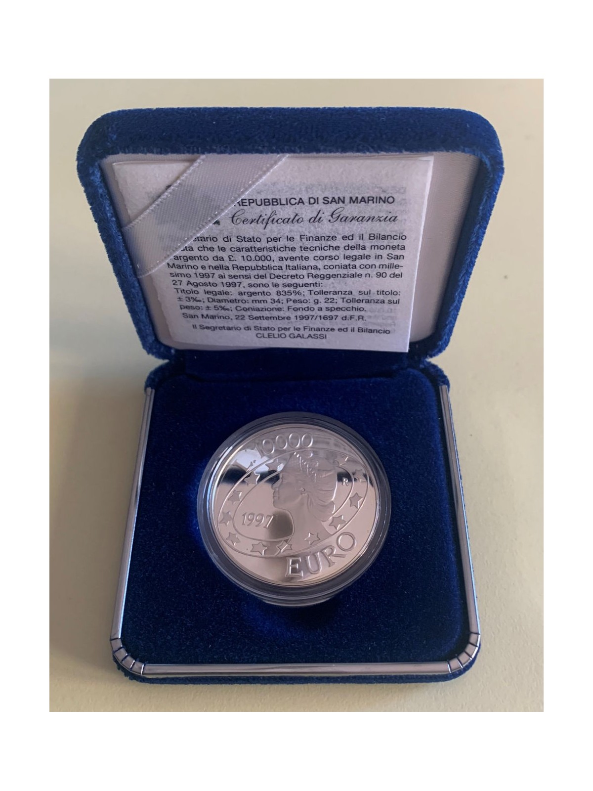 SAN MARINO 1997 Moneta Commemorativa L.10.000 in argento Fondo Specchio.