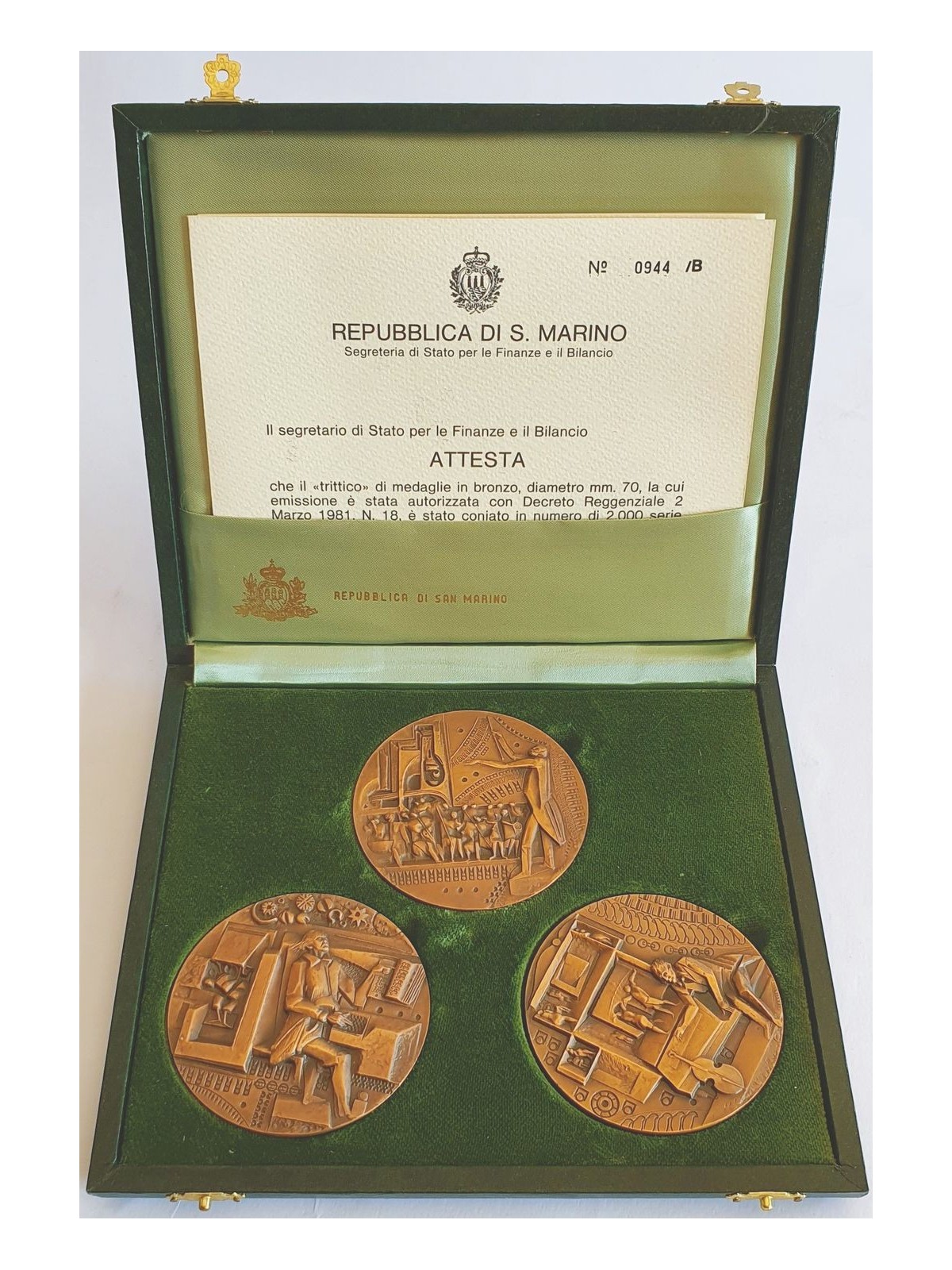 SAN MARINO 1981 - 3 Medaglie in bronzo in Omaggio a Pizzetti. Tiratura 2.000 serie numerate. Numero delle medaglie 0944