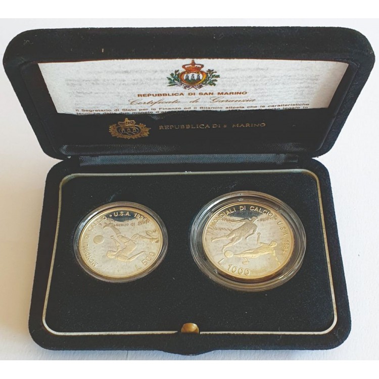 SAN MARINO 1994 Dittico Mondiali di calcio USA '94, 2 Monete in Argento Proof