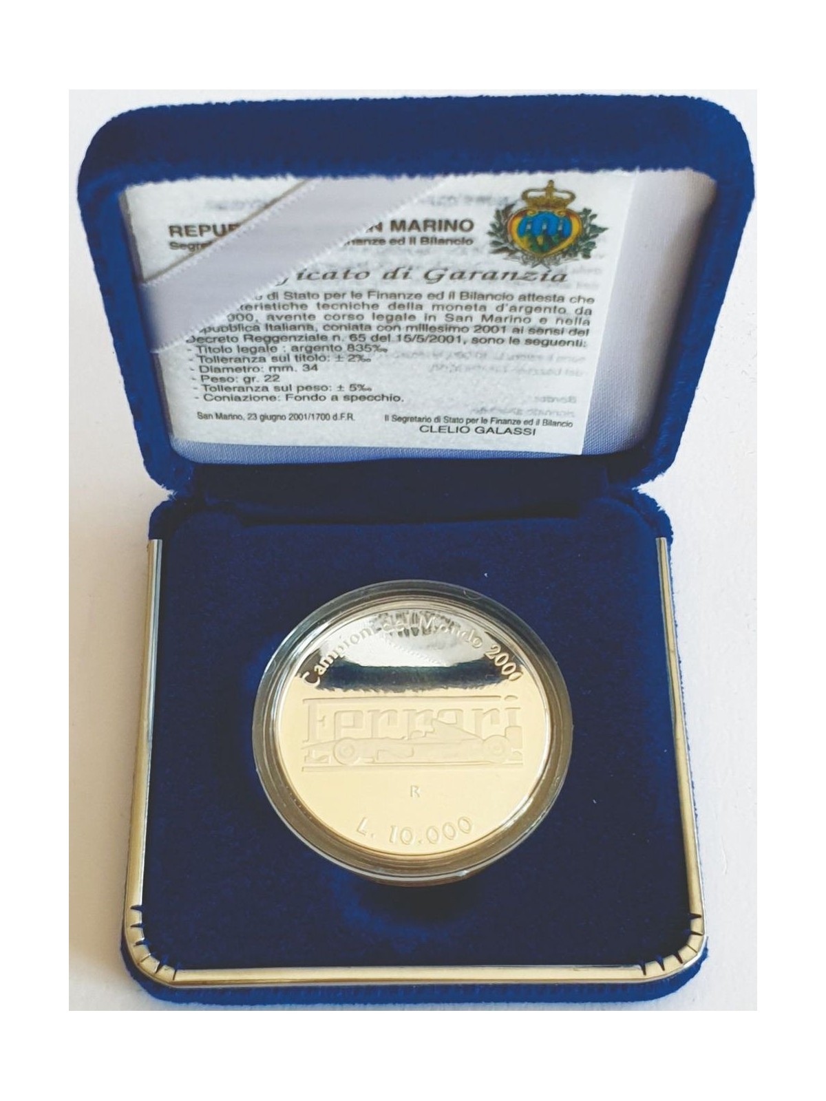 SAN MARINO 2001 Moneta Ferrari Campione del mondo 2000 in Argento Proof